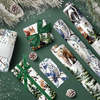 WRAPAHOLIC Kraft Christmas Wrapping Paper Roll - Mini Roll - 3 Rolls - 17 Inch x 120 Inch Per Roll - White Wild Animals Winterfall Watercolor Holiday Collection