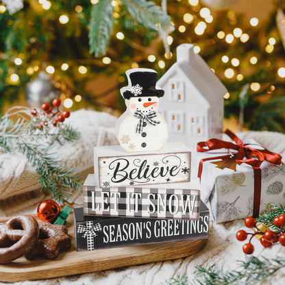 4 Pcs Christmas Decorations Indoor Wooden Snowman Table Sign Decor Table Centerpieces Xmas Merry Christmas Tabletop Block for Holiday Office Desk Tiered Tray Party Shelf Decor Double-sided Pattern