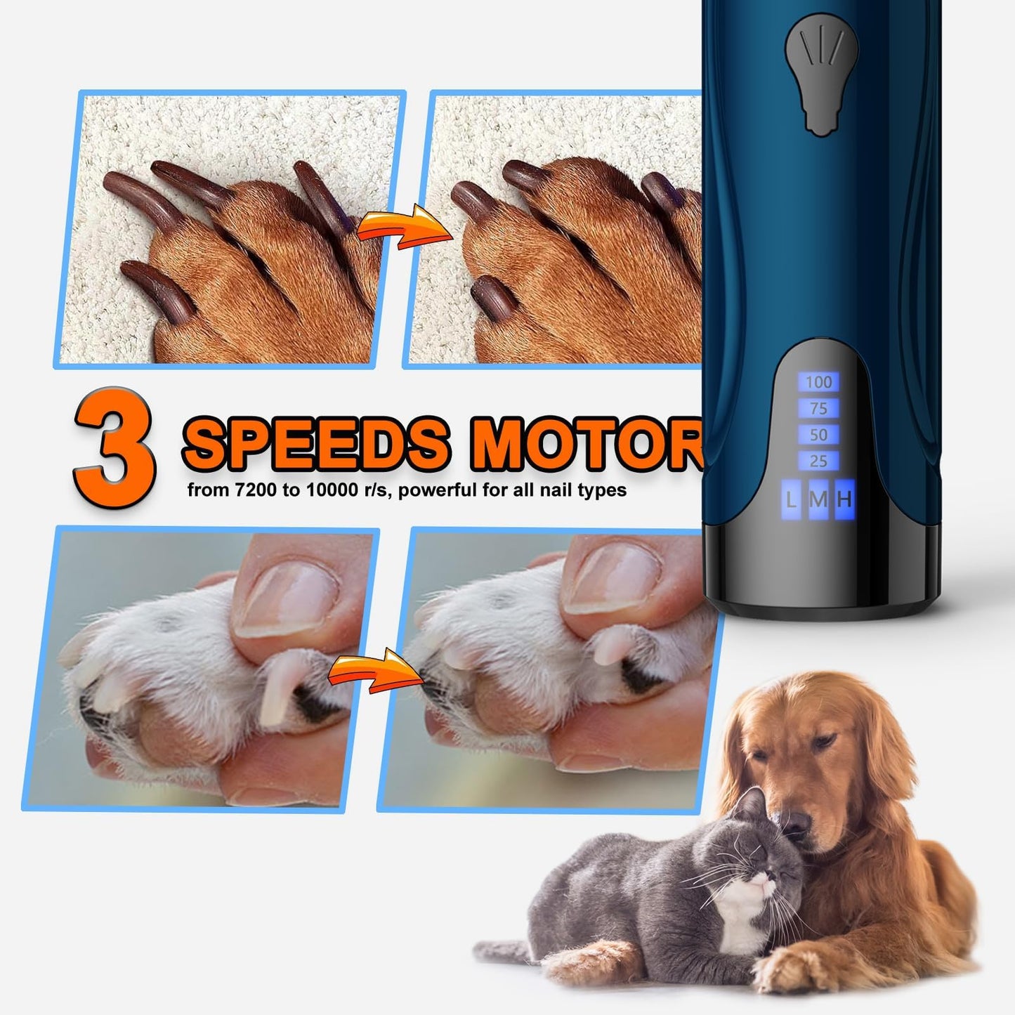 YABIFE Dog Nail Grinders, Dog Nails Clippers and Trimmers Kit, Super Quiet, Rechargeable, Pet Nail Grinder, for Small Large Dogs Cats Toenail Claw Grooming,3 Speeds,Dark Blue