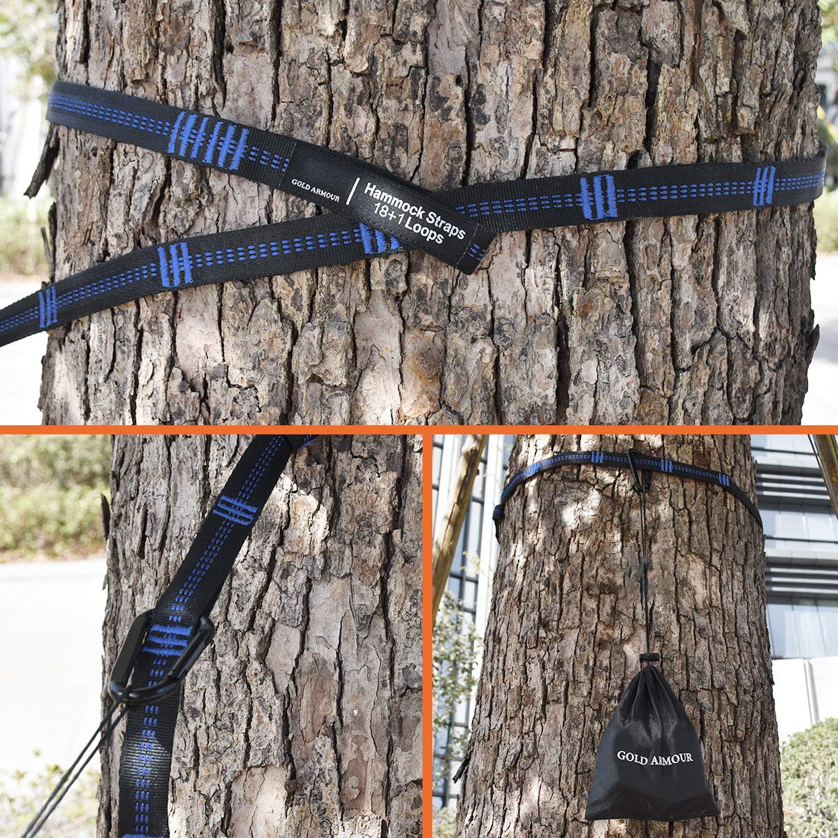 Gold Armour Hammock Straps XL, Camping Hammock Tree Straps Set (2 Straps, 2 Carabiners, Carrying Bag), 20 ft Long Combined, 36 Loops, Must Have Accessories & Gear (Black with Blue Stitching)