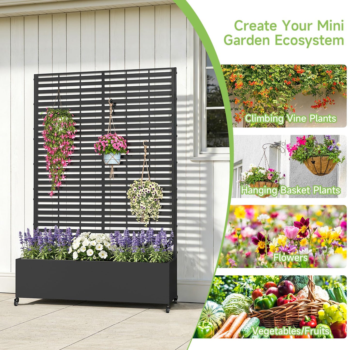 Metal Raised Garden Bed with Trellis and Wheels, 73" x 47" x 16" Planter Box with Trellis with Drainage Holes, Privacy Planters for Patio with Privacy Screen for Climbing Plants Flower Vegetables
