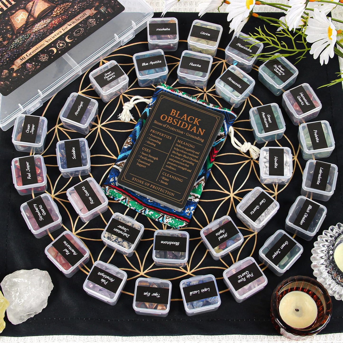 Healing Crystals Set with 30 Crystal Gravel Stones, Flower of Life Ritual Mat and Meaning & Ritual Affirmation Cards – Healing Stones for Meditation, Witchcraft Supplies