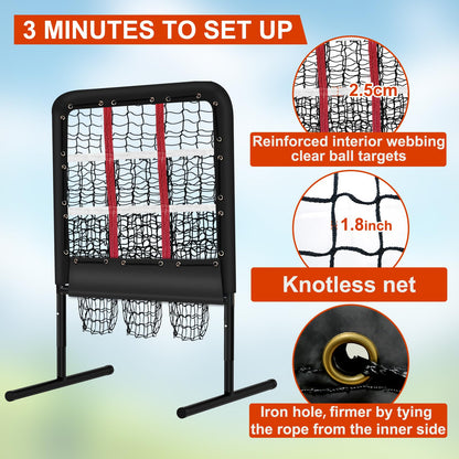 9 Hole Pitching Net with Strike Zone and Handbag, Fixed by 4 Ground Stakes & 2 Sandbags. Adjustable Heights (39-46in) for Pitching Target Net, Softball Training
