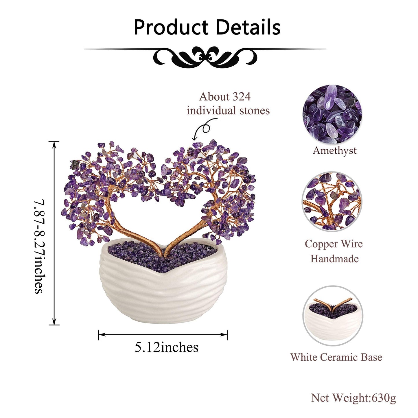 GEHECRST Amethyst Crystals Heart Money Tree Reiki Healing Gemstones Quartz Bonsai Tree Feng Shui Crystal Ornament for Home Desk Decoration Love Heart Crystal Gifts for Mom Christmas Day Her Women