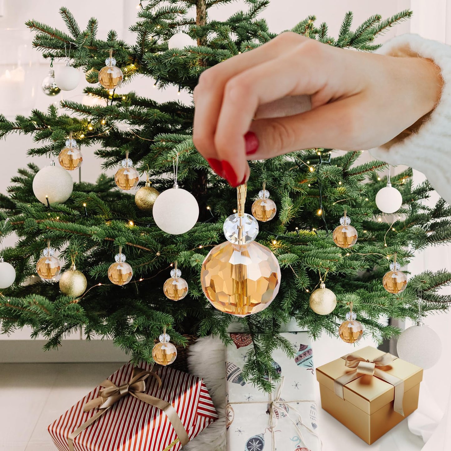12 Pcs Crystal Glass Christmas Balls Ornaments, 0.87" Mini Prism Ball Christmas Tree Decorations, Hanging Crystal Ornament Clearance for Xmas Wedding Party Home Decor (Gold)