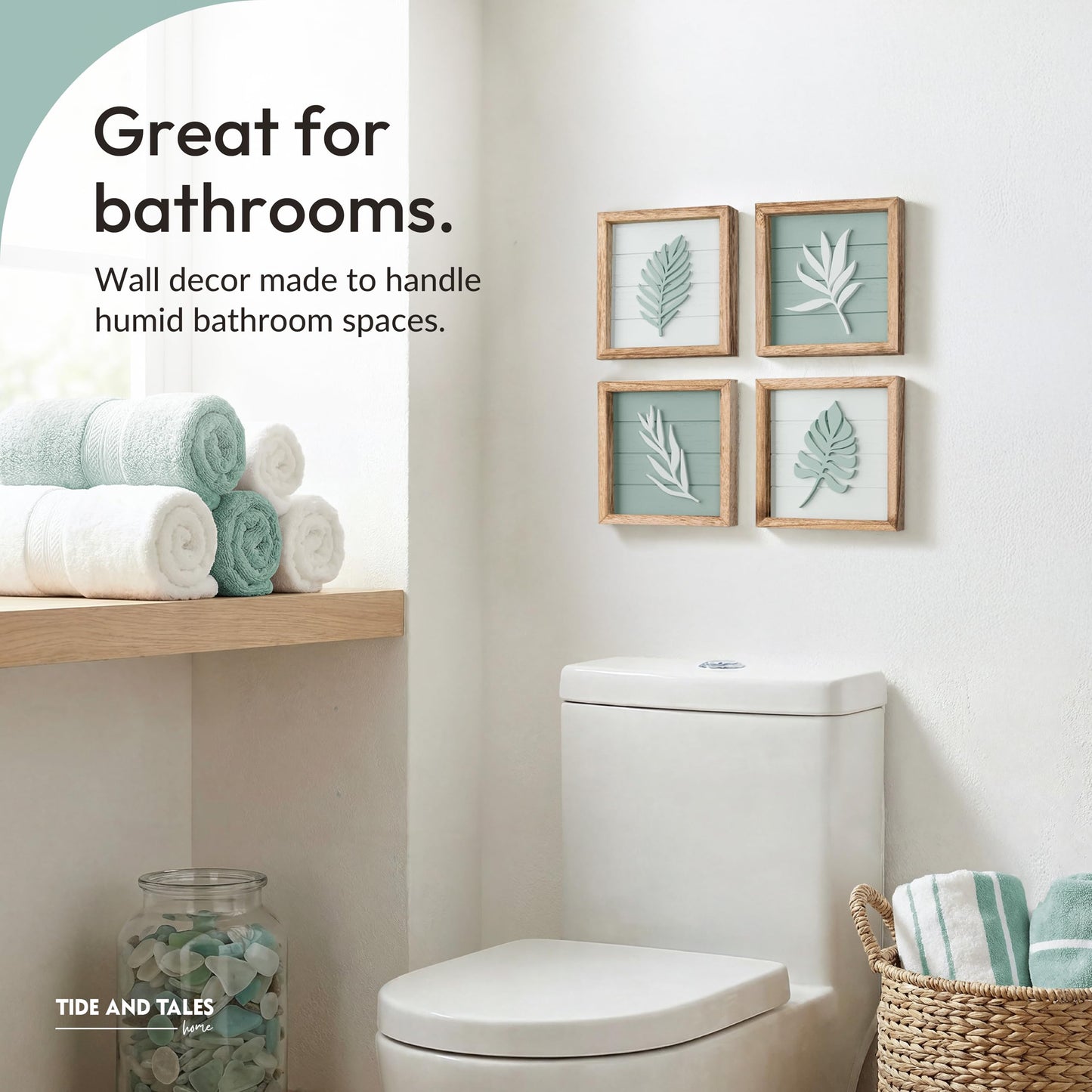 Tide and Tales 3D Sage Green Leaf Botanical Wall Art (Framed Set of 4) – Textured Boho Botanical Bathroom Art Wall Decor – Leaf & Plant Accent for Bedroom or Living Room 7"x7"