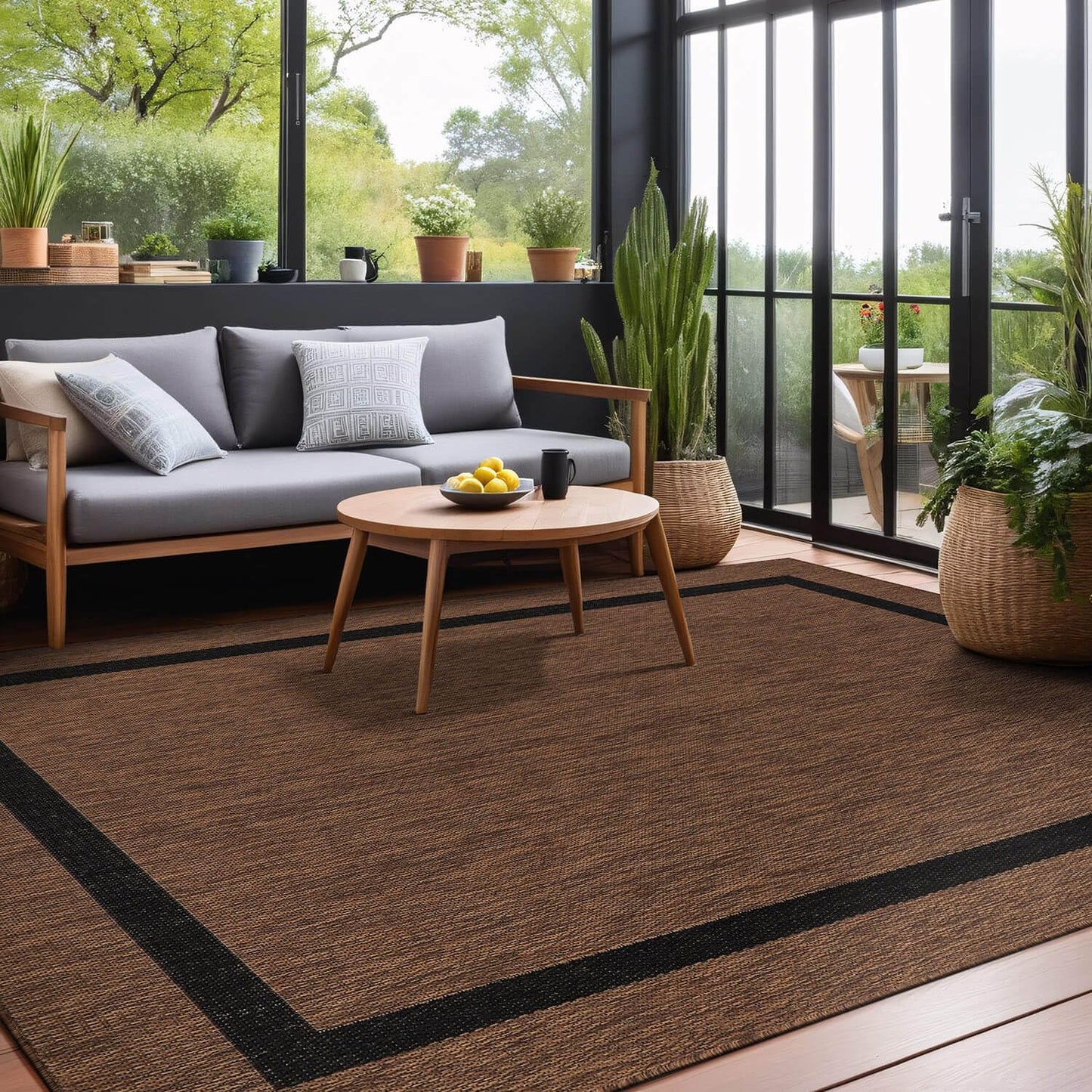 Luul Home Bordered Outdoor Rug 9x12 Washable Outside Carpet for Indoor Patio Porch Waterproof Easy Cleaning Non Shedding Area Rugs Nut Brown - Black 9 x 12