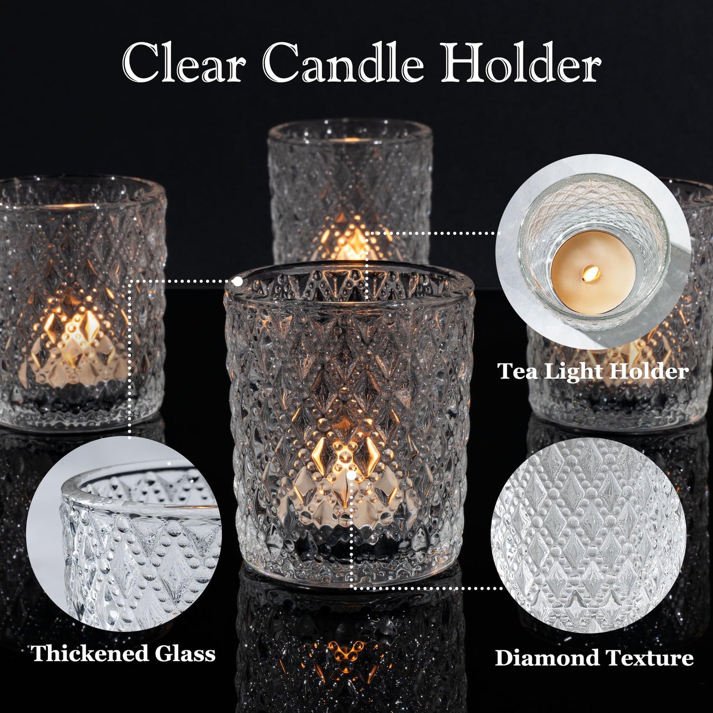 Romcanmy 12Pcs Votive Candle Holders, 2x2.5in Clear Glass Candle Holder with Embossed Diamond for Table Centerpieces, Elegant Small Crystal Tea Light Holders for Wedding Birthday Party Chirstmas Decor