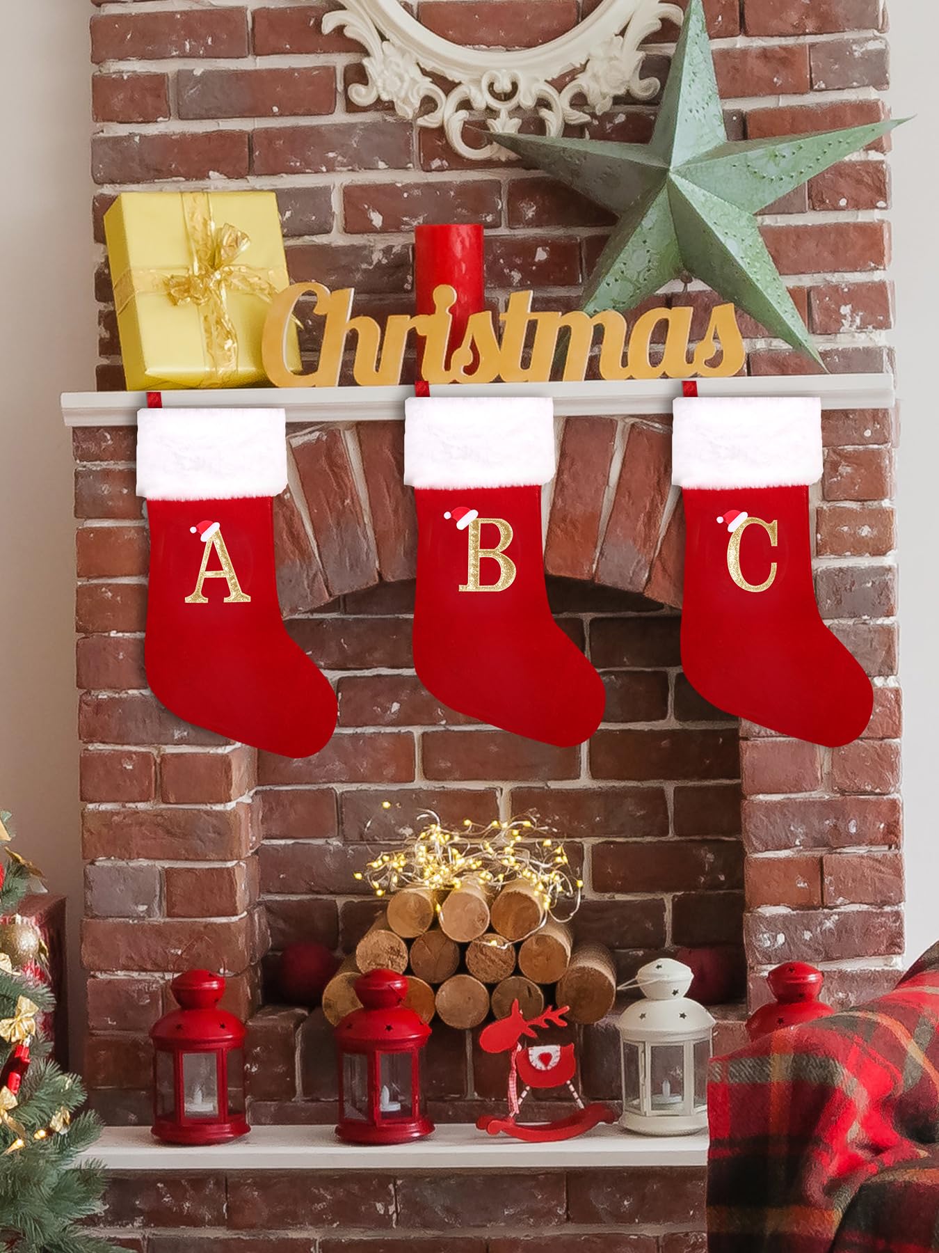 Wlflash 20 Inches Super Soft Plush Monogram Christmas Stockings Xmas Rustic Personalized Stocking Embroidered Letter Decoration for Decor