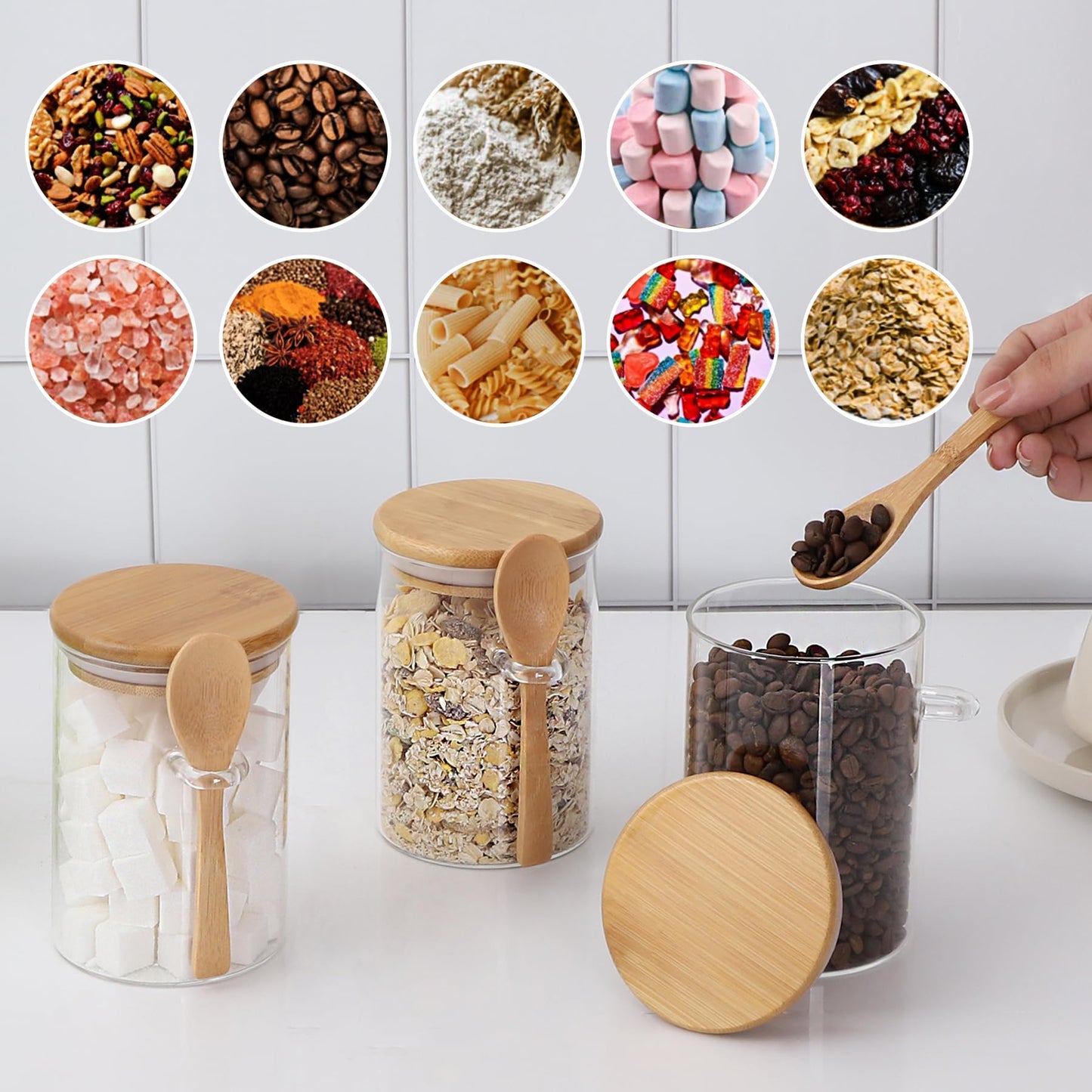 TIPGO Sugar Jar Bath Salt Container – 17 oz Glass Jar with Bamboo Lid and Spoon, Sugar Cube Holder and Canister for Countertop, Glass Containers for Coffee Beans, Tea and Overnight Oats (4 Pack)