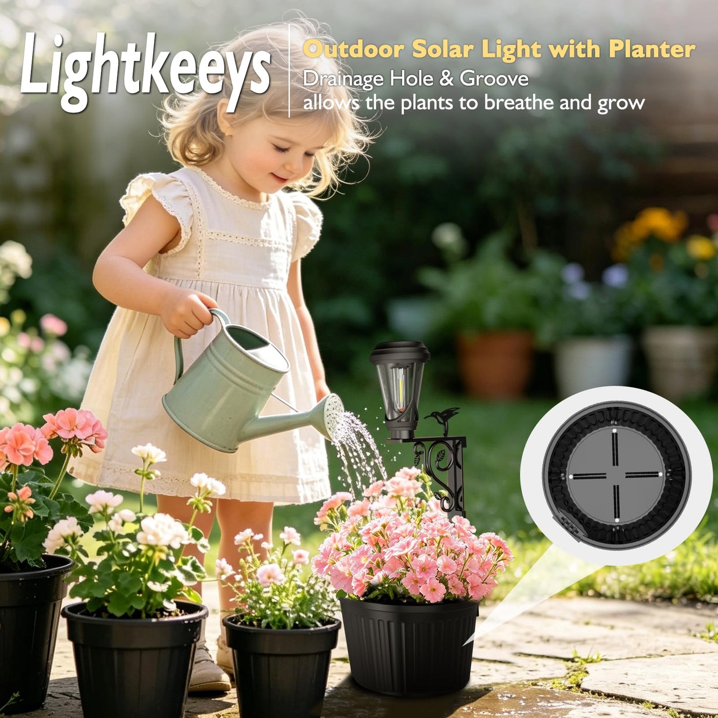 2Pcs 7.9 Inch Solar Lights Planter Dual-Sided 3000K Warm White Lighting, 2 in1 (Wall/Stand) Flower Pots, Auto on/Off IP65 Solar Post Light with Planter Waterproof for Yard, Patio, Porch, Pathway Decor