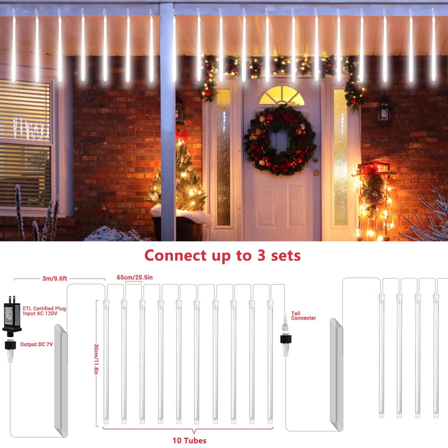Joomer Christmas Lights Outdoor, 11.8 inch 10 Tubes 240 LED Meteor Shower Lights, LED Snow Falling Icicle Cascading Light with Timer Waterproof and Connectable for Christmas Decoration (White)