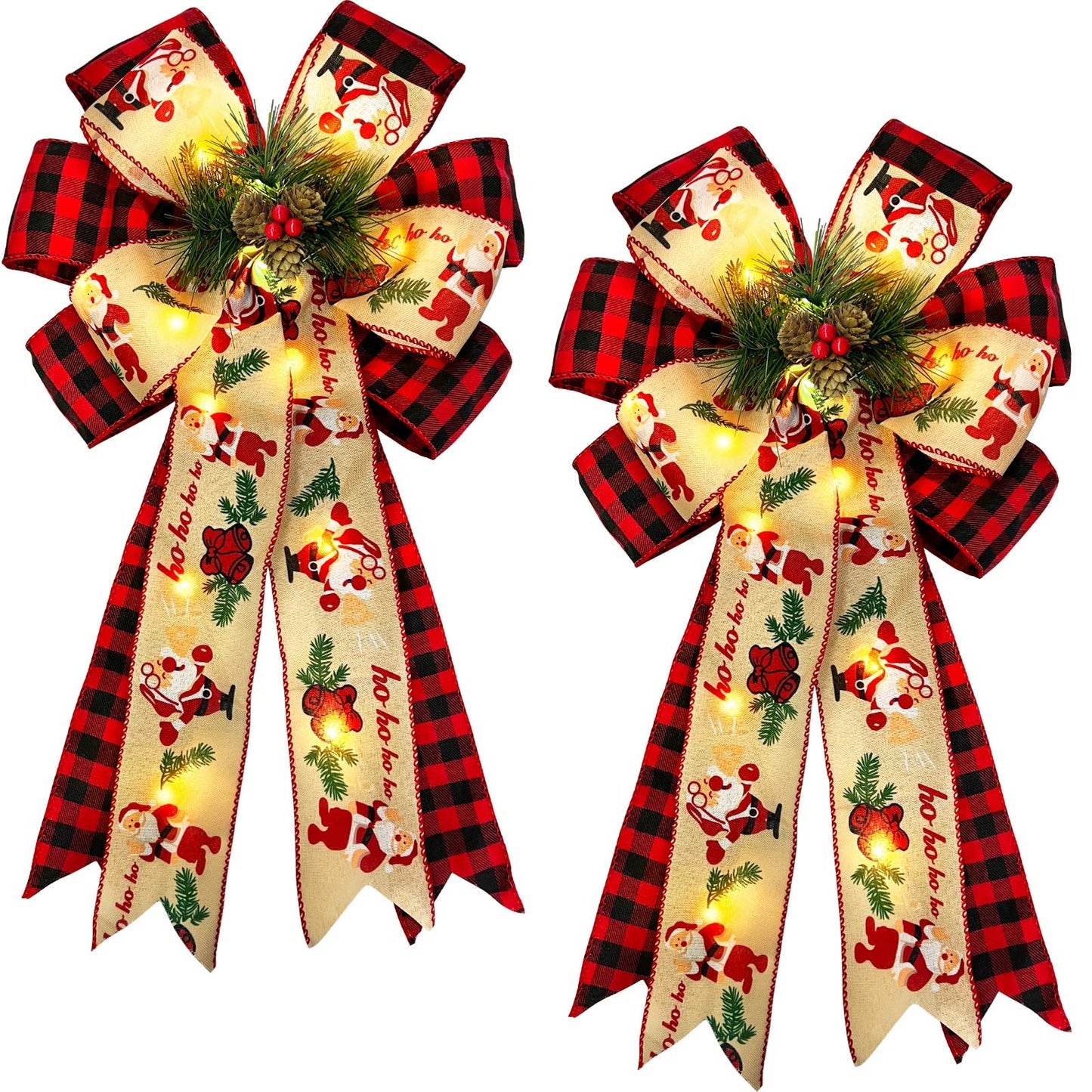 2 Pcs Prelit Christmas Bows Decor with 20 Lights, Santa Bells Black Red Buffalo Plaid Xmas Bows 20" by 11" Christmas Tree Wreaths Garland Bow Battery Powered Christmas Decorations Home Indoor Outdoor