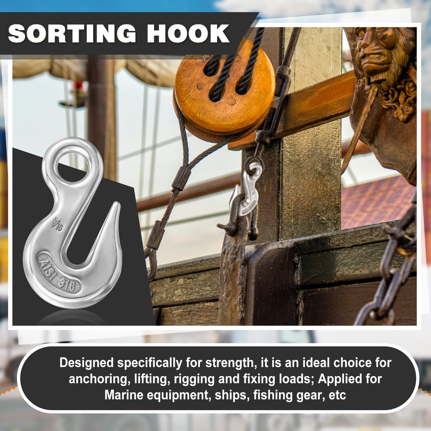 Otoolling 4 Pcs Stainless Steel 316 Eye Chain Grab Hook, 5/16 Inch, Heavy Duty Marine Grade for Truck, Boat, and Heavy Operations, 2000 Pounds Capacity