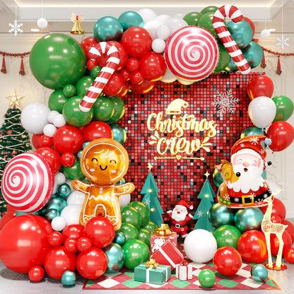 Christmas Balloon Garland Arch Kit, Christmas Balloon Arch with Metallic Green Red White Latex Balloons Snowflake Santa Foil Balloons Candy Cane for Xmas New Year Party Decoration