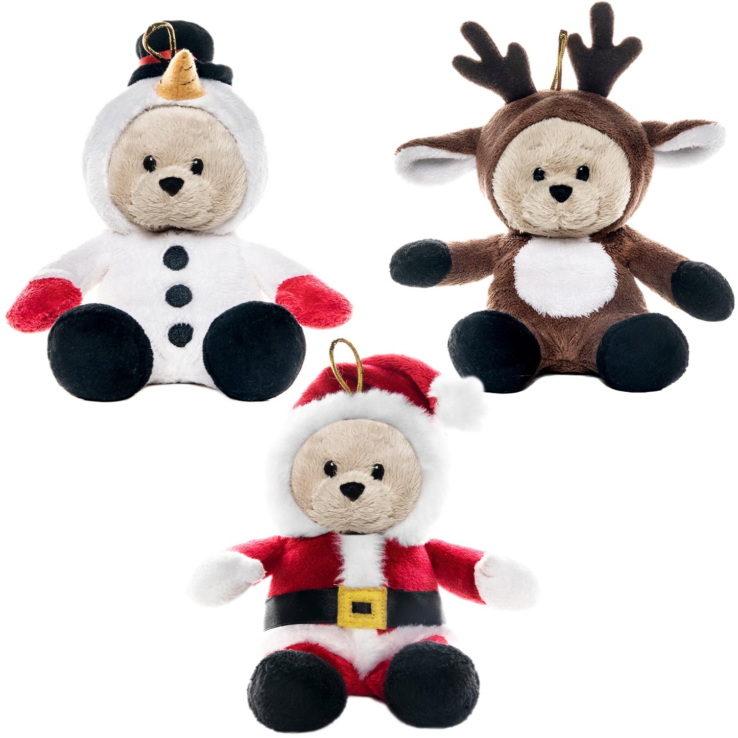 My OLi Christmas Teddy Bears Stuffed Animal 7in Plush Bears with Flippable Hats Pack of 3 : Santa, Reindeer and Snowman Soft Toys for Kids Boys Girls Hanging Decorations for Christmas Trees
