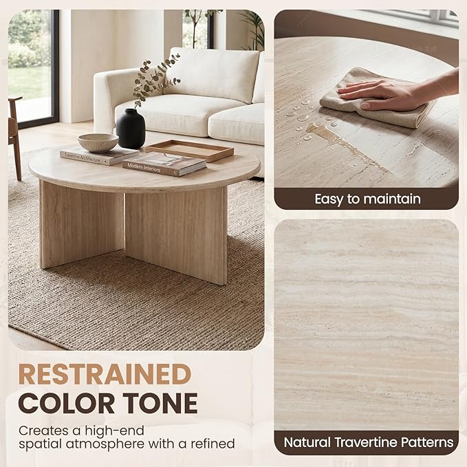 HNY Modern Round Coffee Table Marble Veneer Wood Center Table 31.5" Faux
