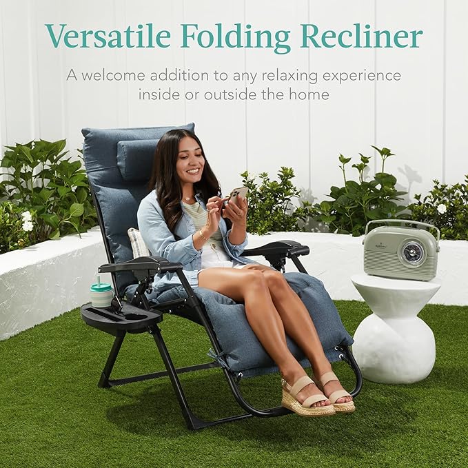 Best Choice Products Oversized Zero Gravity Chair, Folding Outdoor Patio Recliner, XL Anti Gravity Lounger w/Removable Cushion, Cup Holder, Side Tray, 350lb Capacity - Forest Green