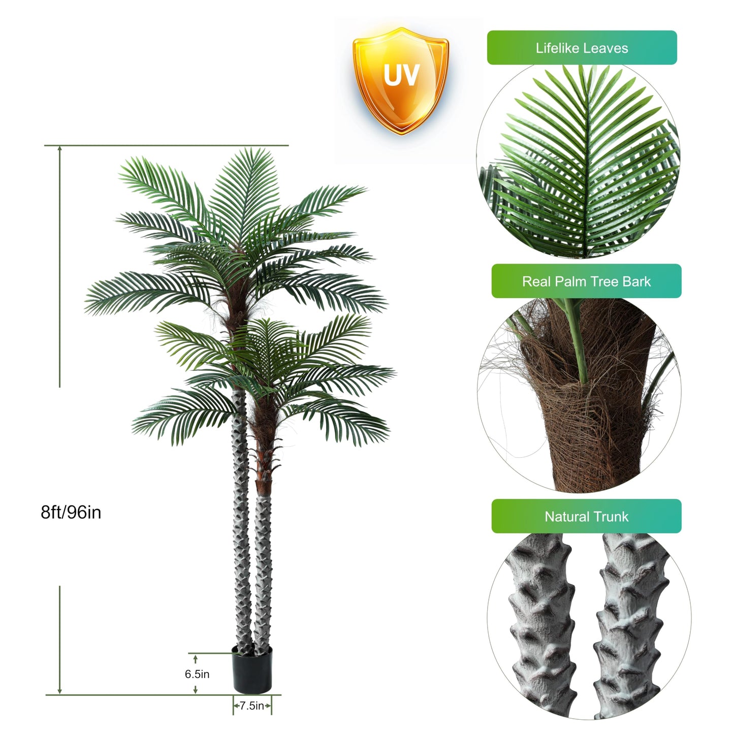 Nafresh 8ft Tall UV Resistant Faux Palm Tree, 96in Artificial Palm Tree Indoor Outdoor, Fake Tree with Real Bark and Realistic Leaves and for Home House Office Living Room Yard Patio.