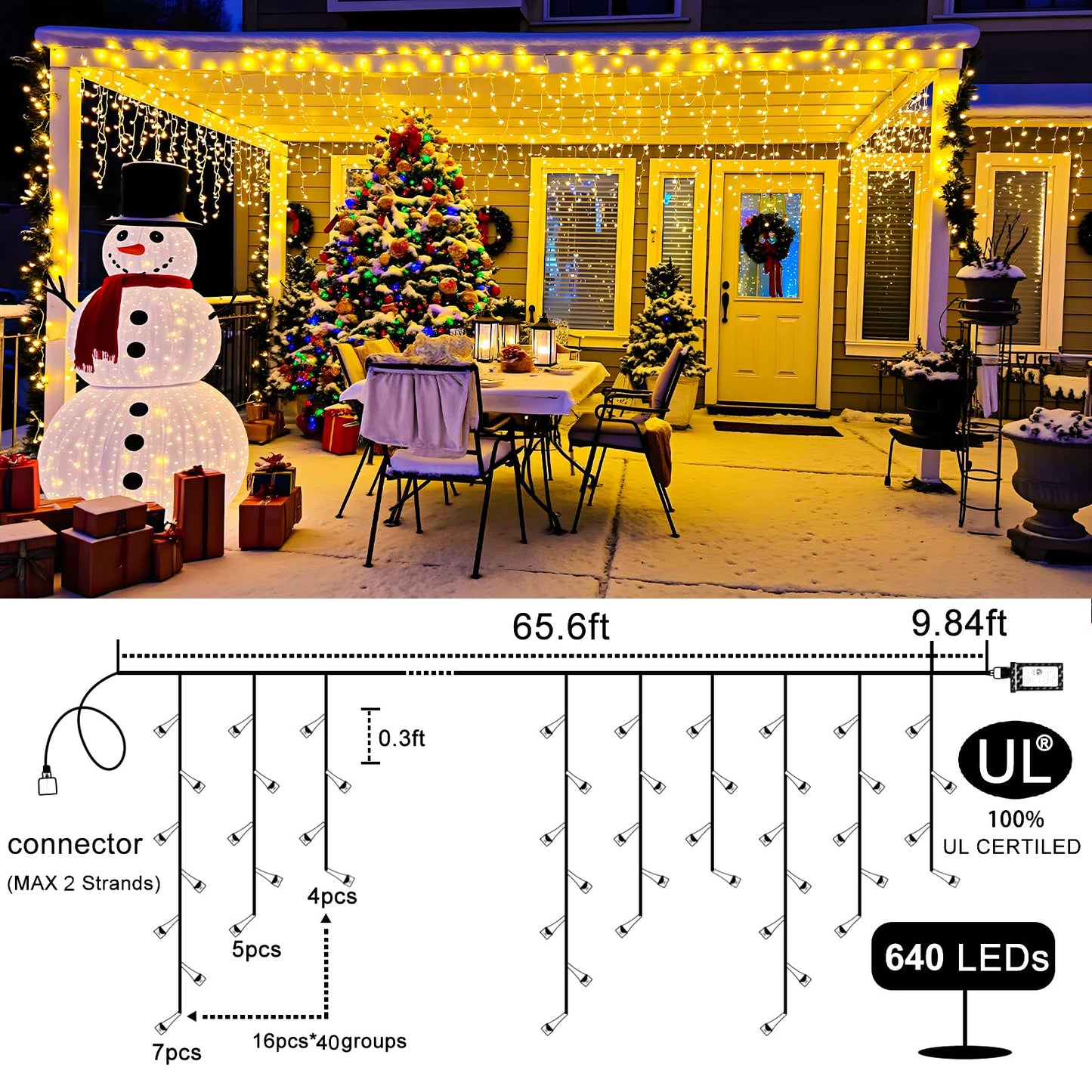 Einiiya Icicle Christmas Lights Outdoor, 66ft 640 LED Icicle Lights for Outside 8 Modes with 75 Drops, Plug in Christmas Light for House Indoor Holiday Wedding Christmas Decorations, Warm White