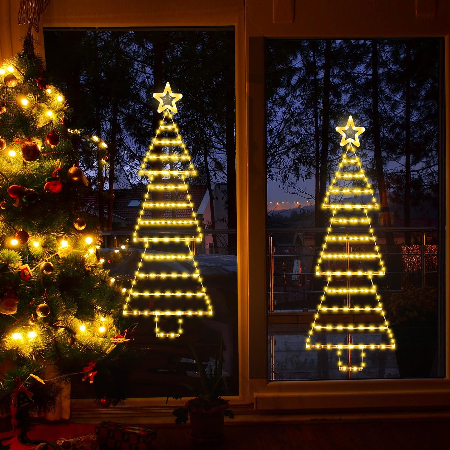 (New) Christmas Lights, 4.6ft Christmas Decoration with Star Topper, Hanging Xmas Ornament with 8 Modes, Tree-Shaped Santa Ladder for Doors, Walls and Windows - Warmwhite