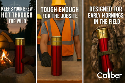Caliber Gourmet 12 Guage Shotgun Shell Thermos Bottle 32 Ounces, Vacuum Insulated Stainless Steel Bullet Thermos – Novelty Hunting Thermos Gift for Christmas – Great for Camping Gear, Bold Red