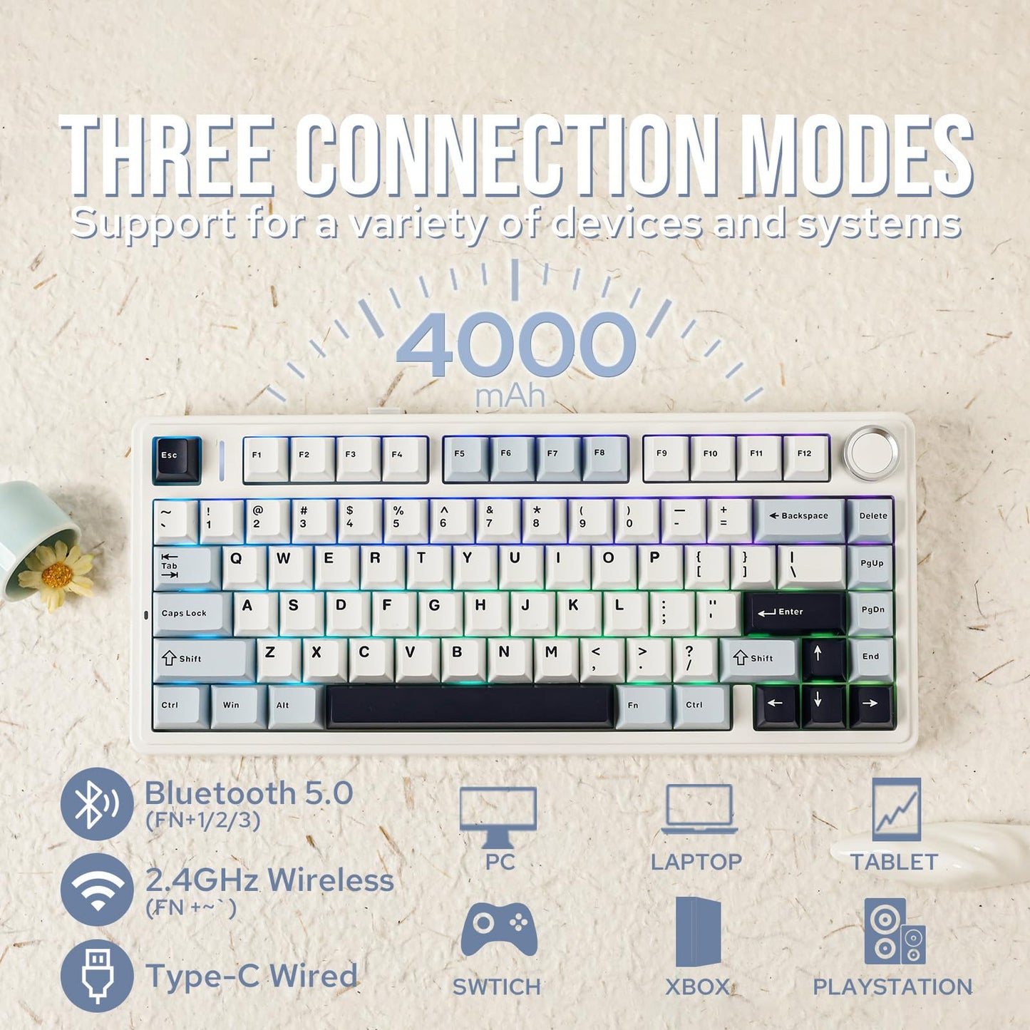 EPOMAKER AULA F75 Wireless Mechanical Gaming Keyboard, 75% Layout with Knob, Creamy Gasekt-Mount with Sound-Dampening, RGB, Hot-Swap, Bluetooth/2.4Ghz (Light Blue, Reaper Switch)