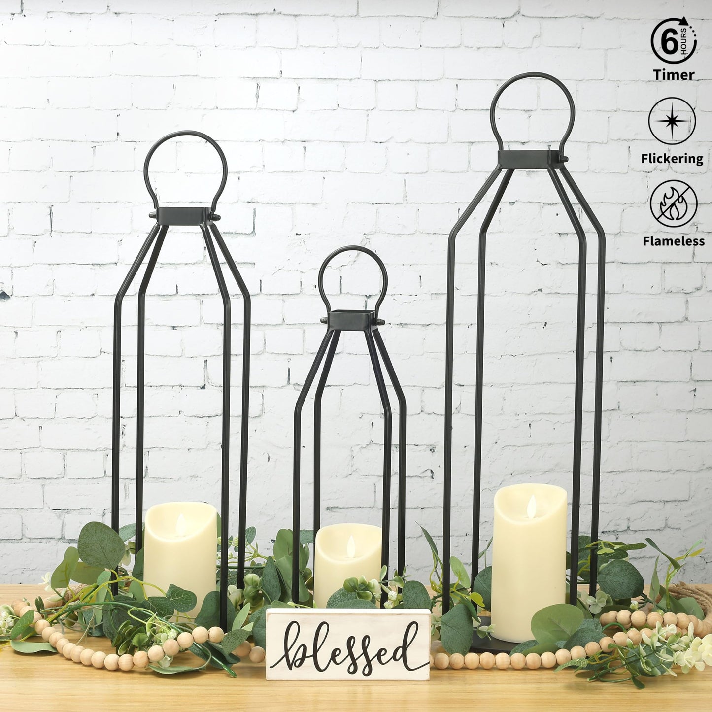 Perfnique Modern Farmhouse Lanterns, Set of 3 Black Metal Lanterns w/ 6hr Timer Flickering Flameless Candles, Decorative for Outdoor Decor, Front Porch, Indoor, Patio, Garden, Fireplace, Christmas