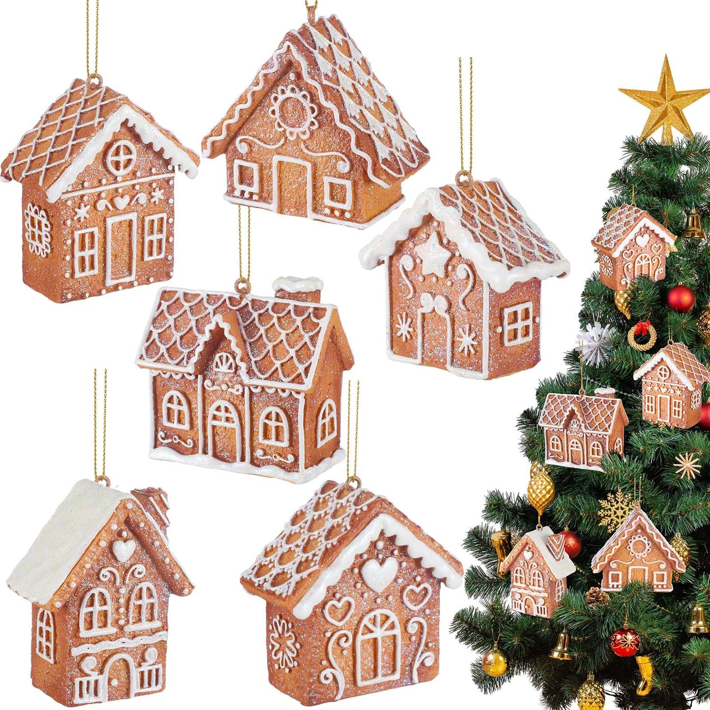 Weysat 6 Pcs Christmas Gingerbread House Ornament Glitter Christmas Tree Decorations Brown Gingerbread House Hanging Ornament for Xmas Tree Home Winter Party Decoration