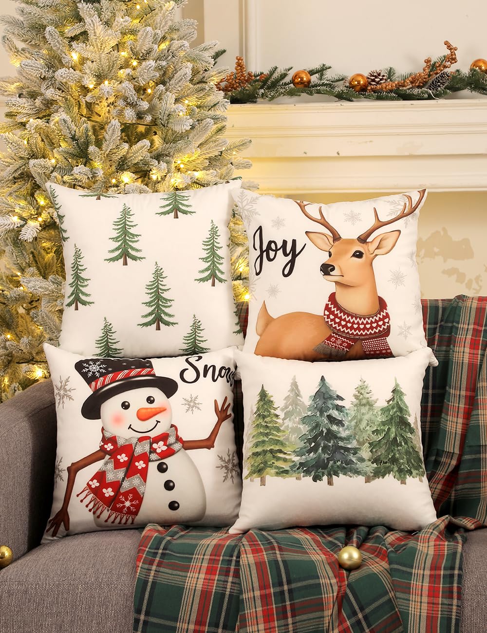 TOYPOPOR Christmas Decorations, Double Sided Plaid Throw Pillow Covers 18x18 Inches Set of 4, Christmas Tree, Snowflakes, Merry Christmas, Snowman Reindeer Winter Holiday Pillowcase for Sofa Couch