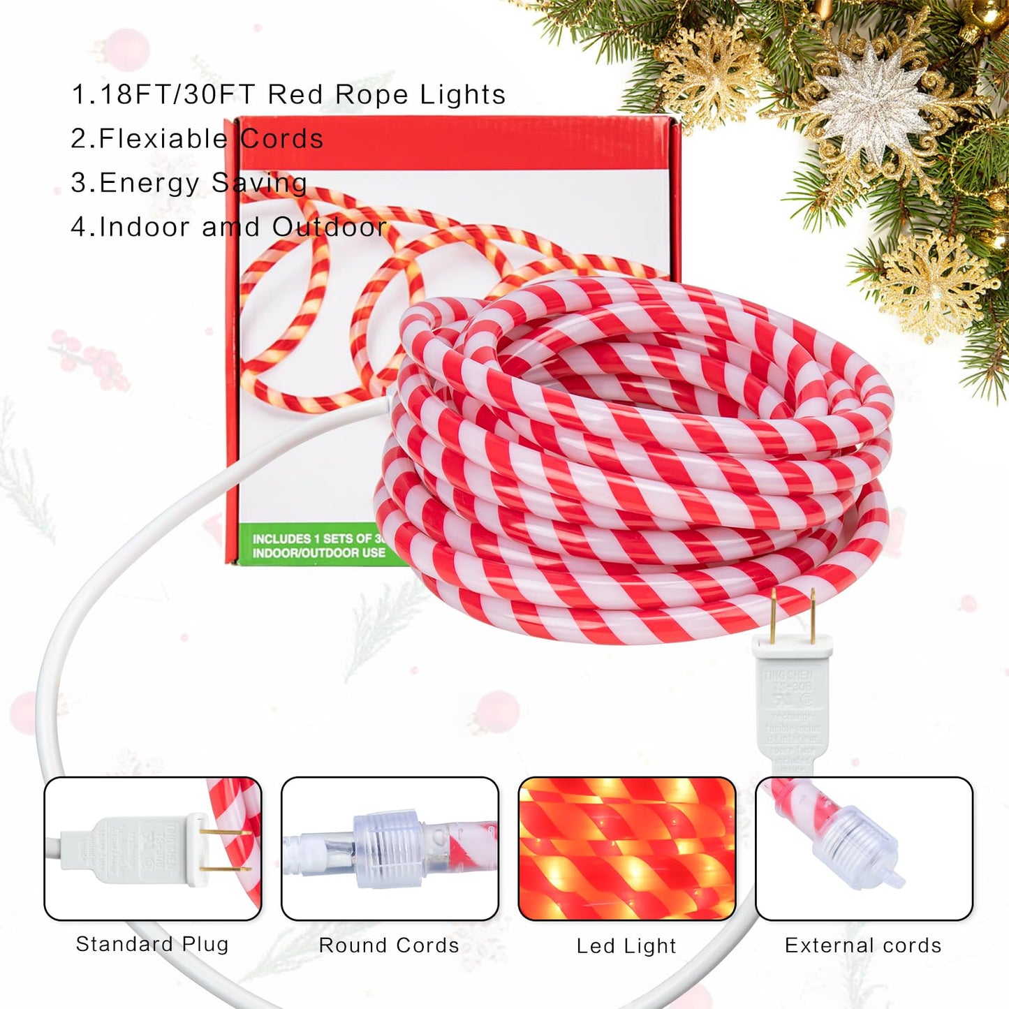 Vigdur Christmas Candy Cane Rope Lights - 18FT LED Rope Lights Outdoor Waterproof Decorative Christmas Lights for Holiday Party Home Patio Indoor Xmas Decorations(216 LEDs)