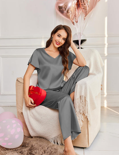 Ekouaer Women's Satin Silky Pajama Set 2 Piece Short Sleeve Shirt with Long Pants Pjs Sets Soft PJ Loungewear S-XXL