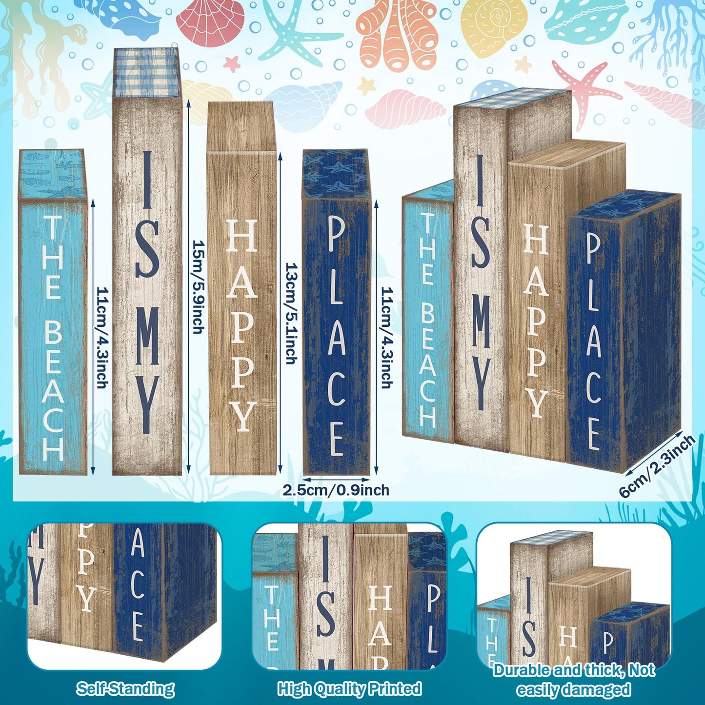 Lineshading 4 Pcs Summer Table Decoration Wooden Book Coastal Beach Decoration Blue and White Summer Tiered Tray Decor Wood Book Signs Farmhouse for Ocean Party Home Shelf Coffee Table