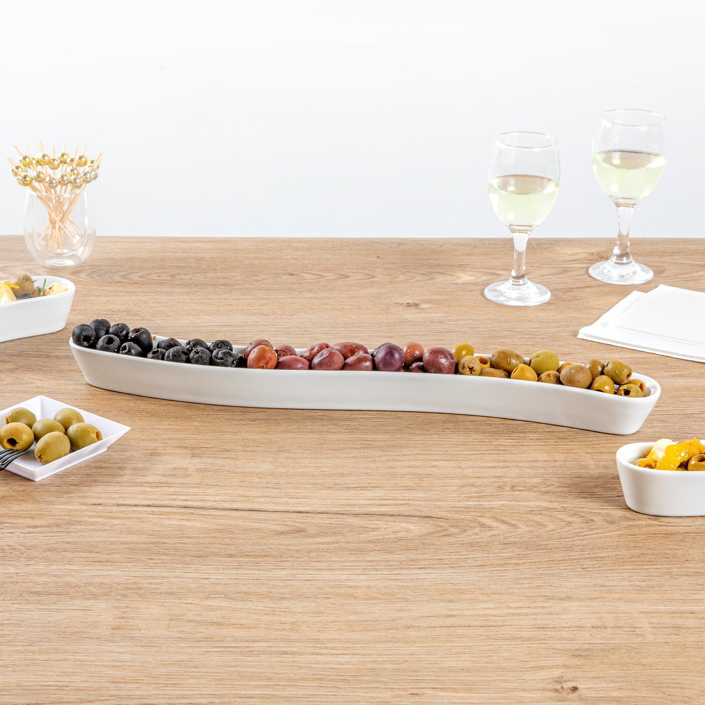 Restaurantware Swerve 14 Ounce Olive Plate 1 Curved Olive Tray - Small Chip Resistant White Porcelain Olive Canoe Dishwasher Safe For Snacks Condiments Or Appetizers
