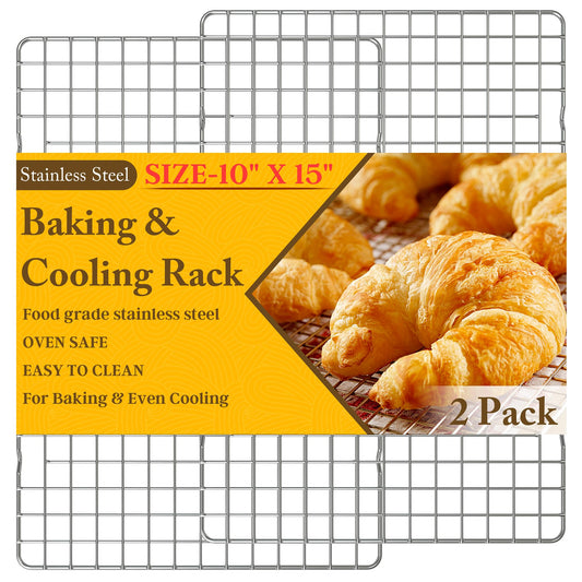 2PCS Cooling Racks for Cooking and Baking - 10" x 15"Heavy Duty Stainless Steel Wire Rack for Baking, Grilling, Roasting - Oven & Dishwasher Safe - Fits Jelly Roll Sheet Pan-Silver