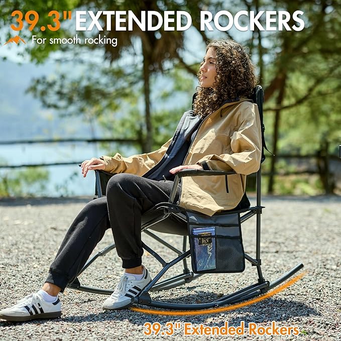 Portal Outdoor Rocking Chair Camping Folding Portable Rocker with Cup Holder Side Pocket Carry Bag, Support 350LBS (Black)