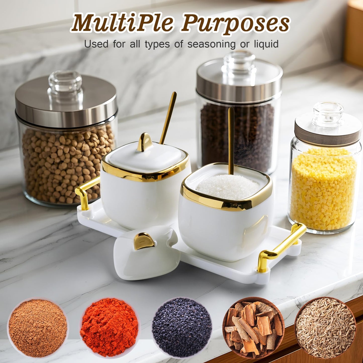 EABOSON Ceramic Sugar Bowl 2 Pack, Porcelain Seasoning Jar with Tray, Spoon and Lid for Sugar, Pepper, Coffee, Spice, Salt (Gold)