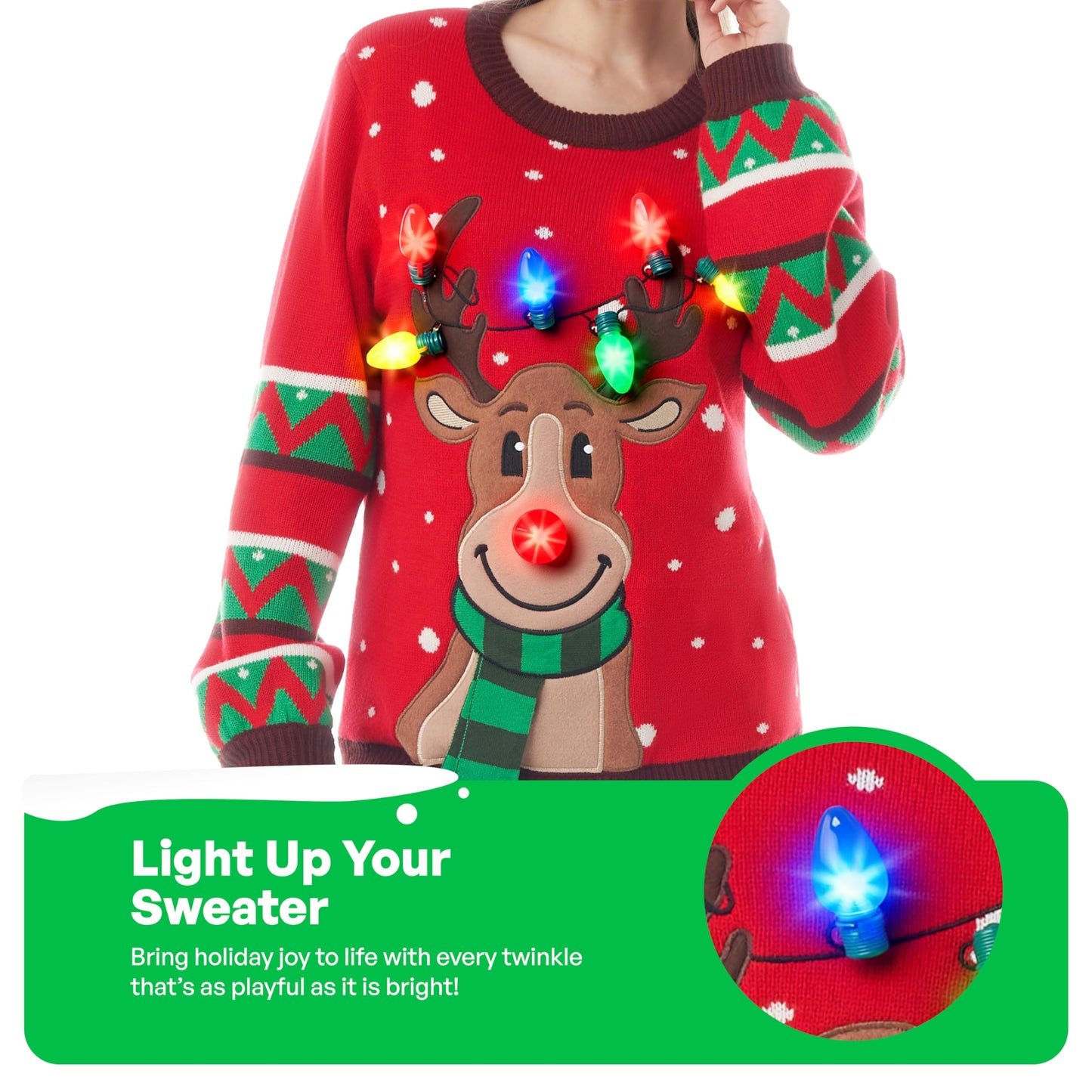 JOYIN Womens LED Light Up Christmas Sweater, Reindeer Christmas Ugly Sweater with Light Bulbs-Red