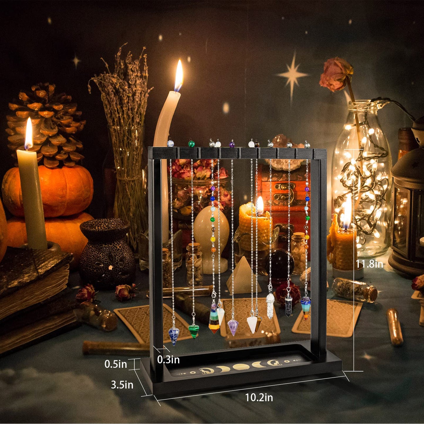 Ceiner Black Pendulum Crystal Display Holder, Wood Witch Rock Stone Stand, Moon Phase Wiccan Supplies Incense Rack Shelf with Tray for Witchcraft Gift Organizer 15 Pendulum Necklaces