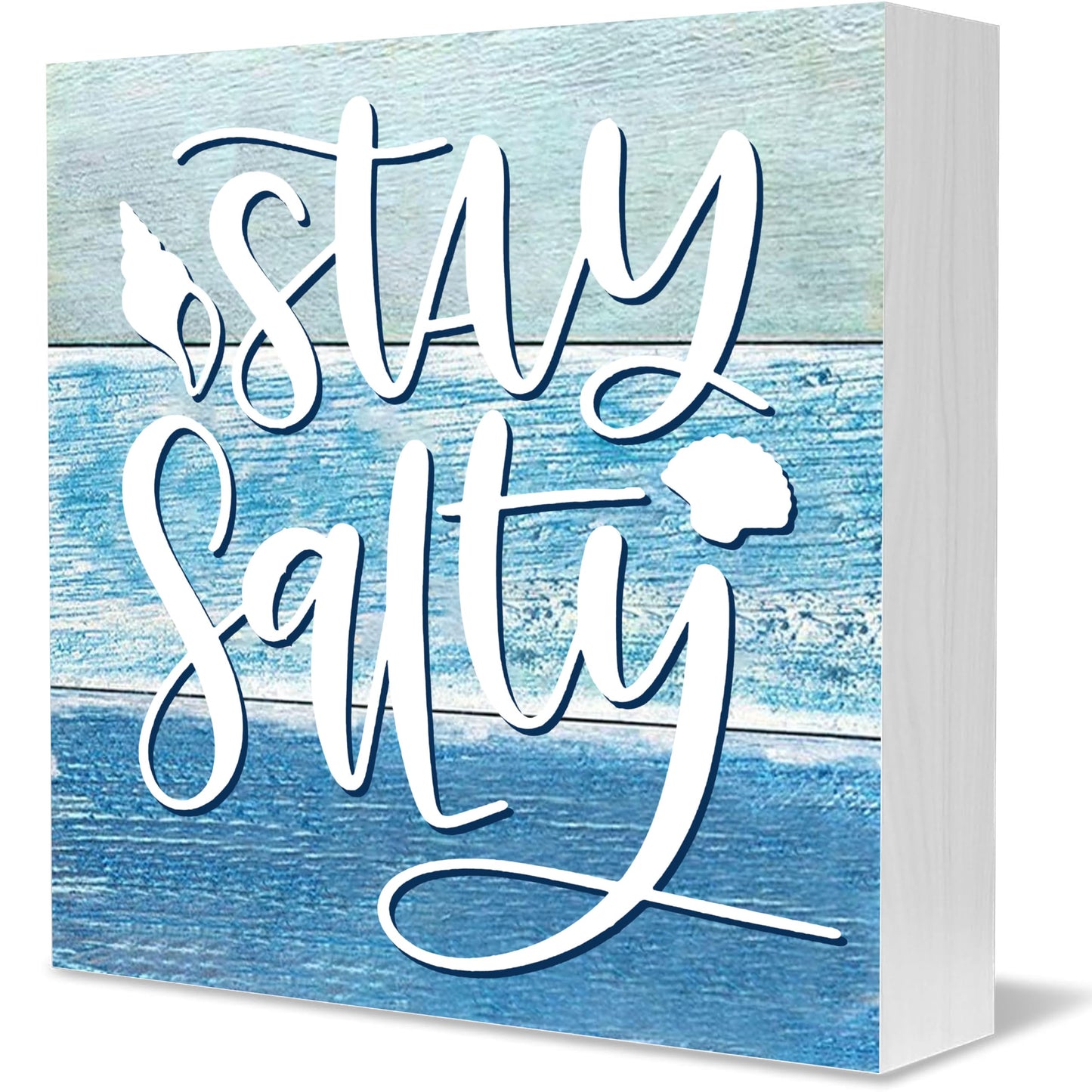 Summer Beach Decorations for Home, Starfish Theme House Room Bedroom Bathroom Decor Classroom, Wood Box Sign 5 X 5 Inch (Stay Salty Sign)
