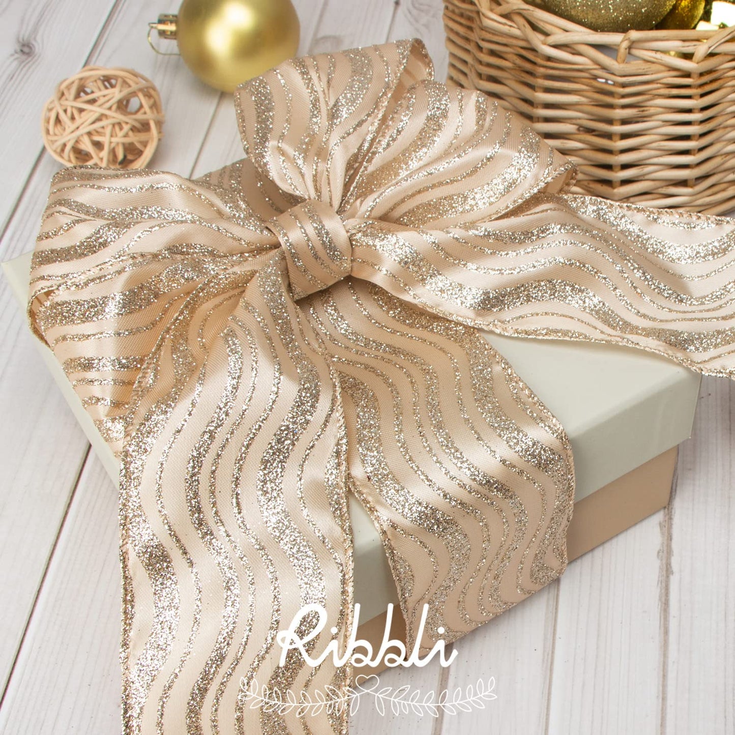 Ribbli Gold Glitter Christmas Ribbon - Wired, for Tree, Crafts, Gift Wrapping - 2.5 Inch x 6 Rolls, 36 Yards Total