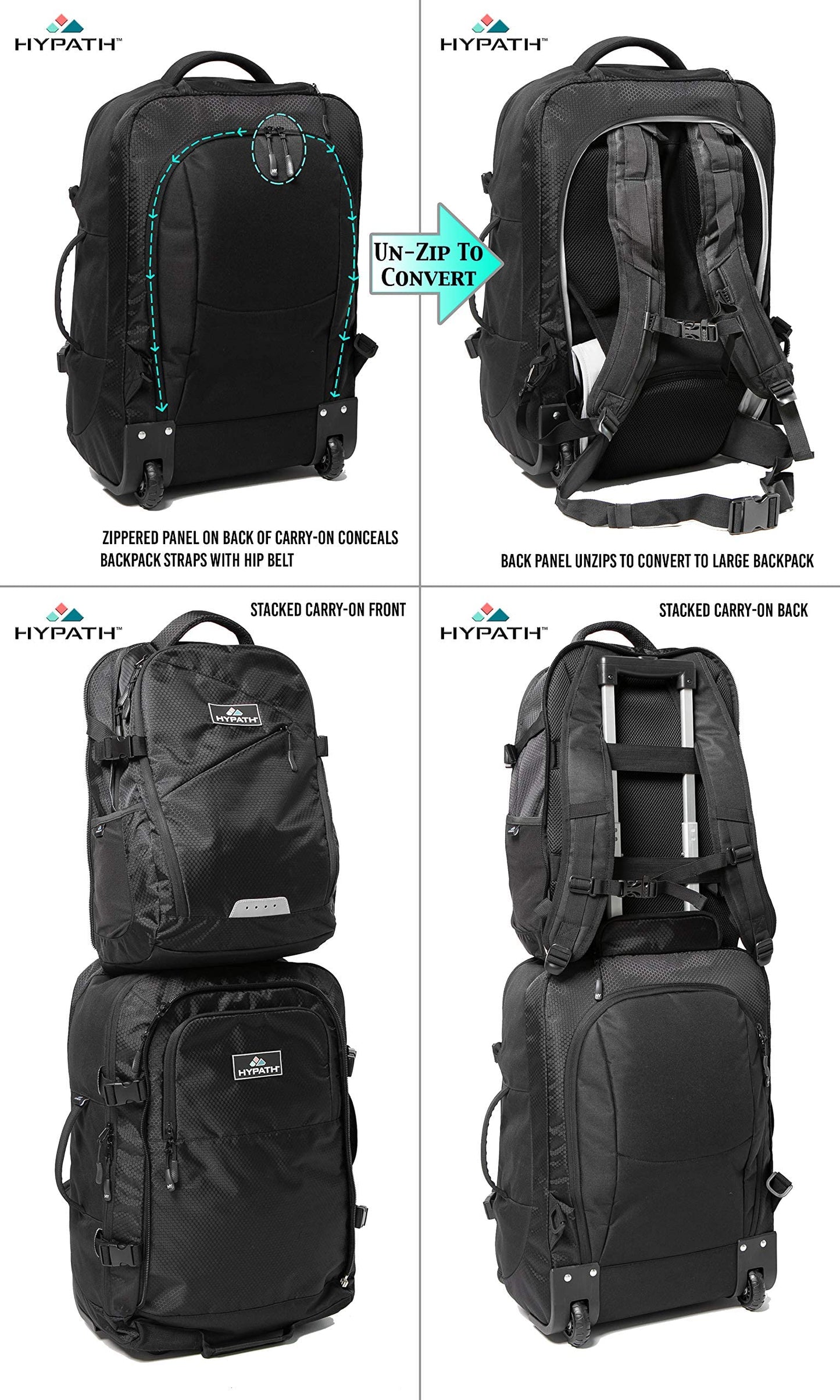 Hypath 2-in-1 Convertible Travel Bag - Use as Backpack with Wheels, Wheeled Carry On, or Stacked Rolling Luggage - Comes with Detachable Daypack - New Upgrades Here