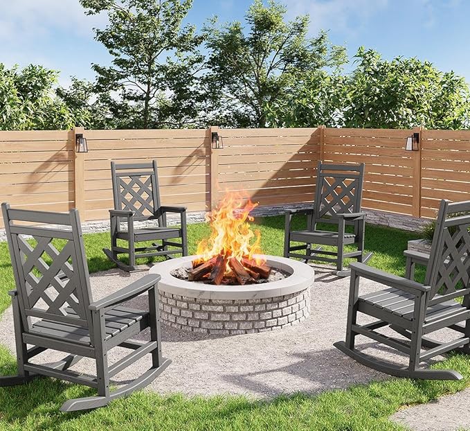 GarveeLife Outdoor Rocking Chair Set of 4, HDPE Weather Resistant Patio Rocking Chair Porch Rocker with Wood Texture & 380 LBS Support for Deck, Pool, Backyard, Gray