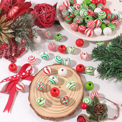 180 Pcs Christmas Wooden Beads Xmas Red Green Round Wood Beads Peppermint Candy Canes Crafts for DIY Garland Jewelry Making Party Tree Hanging Home