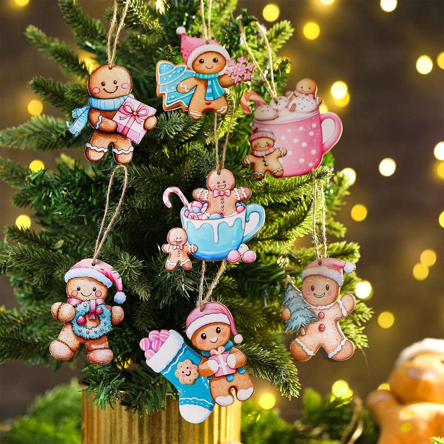 Kathfly 24 Pcs Pastel Pink Gingerbread Christmas Ornaments Wooden Gingerbread Men Cookies with Hemp Rope Cute Christmas Hanging Decorations for Xmas Tree Holiday Party Decor