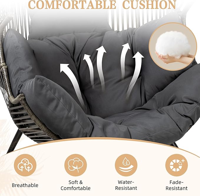 Vongrasig Wicker Egg Chair PE Rattan Chair with Cushion, Oversized Patio Lounge Chair for Outdoor, Indoor, Balcony, Backyard, Garden, Living Room, (Black/Rattan)