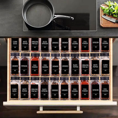 Churboro 36 Spice Jars with 547 Labels- Glass Spice Jars with Black Metal Caps, 4oz Empty Spice Containers with Shaker Lids, Funnel, Chalk Pen, Square Seasoning Bottles for Spice Rack, Drawer, Cabinet