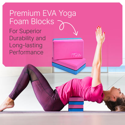 Yoga Blocks 2 Pack Set with Dance Stretch Band & Guide: Non-Slip EVA Foam Block - Ideal Stretching Equipment for Home Workouts, Pilates, Dance, Ballet, Gymnastics, Exercise - Stretch Strap Stuff Props