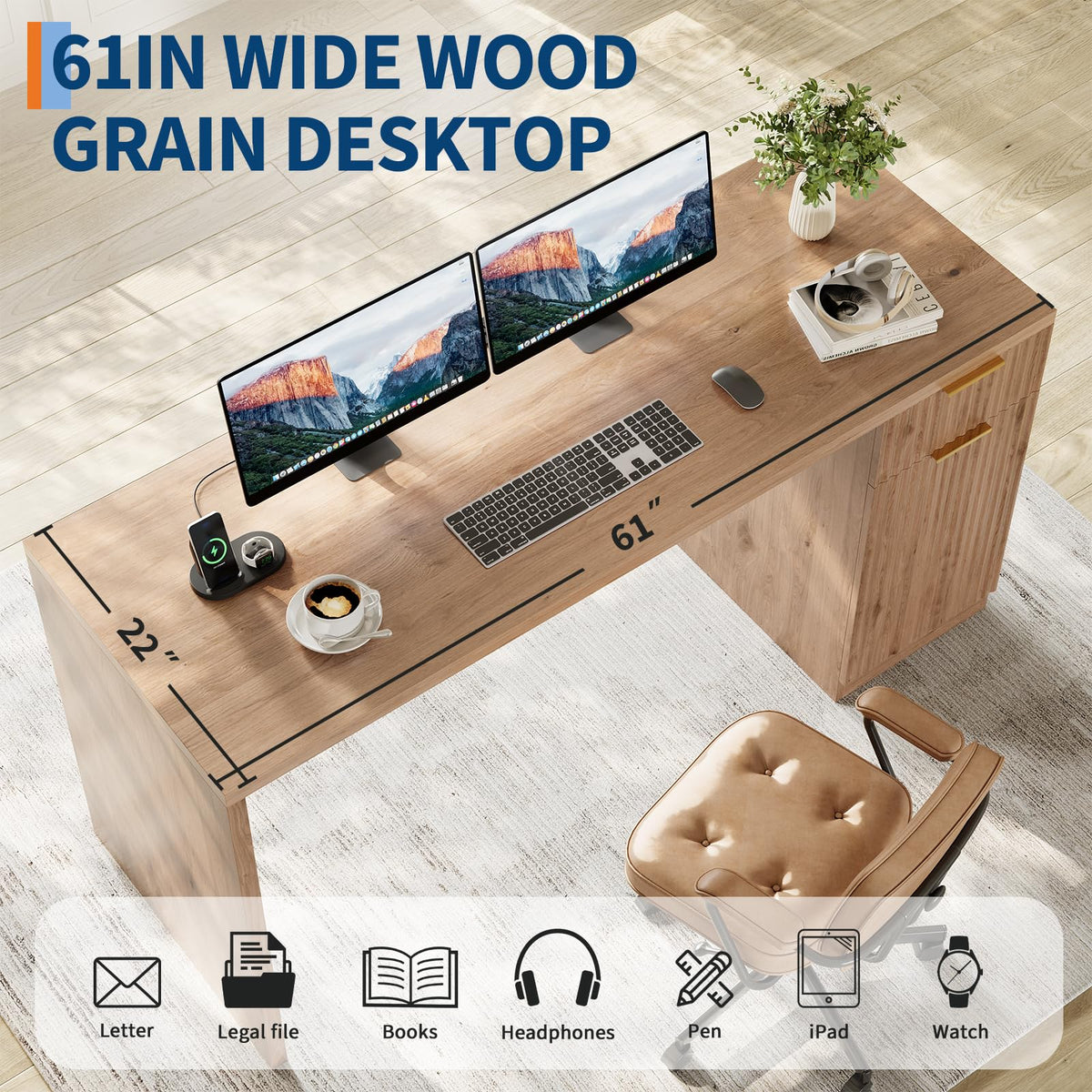 Garvee Executive Desk with Drawer and Power Outlet, 61" Large Farmhouse Computer Desk Home Office Wood Executive Desk with Adjustable Shelf for Work Study Writing, Oak