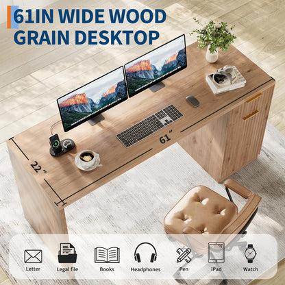 Garvee Executive Desk with Drawer and Power Outlet, 61" Large Farmhouse Computer Desk Home Office Wood Executive Desk with Adjustable Shelf for Work Study Writing, Oak